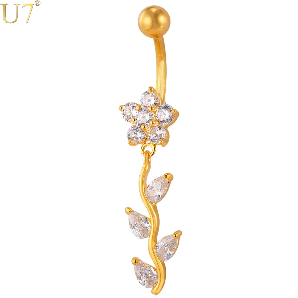 U7 New Crystal Flower Belly Button Ring For Women Body Jewelry Gold Color Party Long Navel Wholesale DB005 |