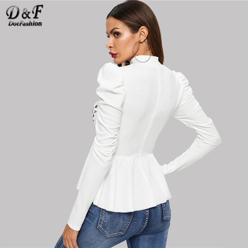  Dotfashion White Flower Embroidered Ruffle Womens Tops And Blouses 2019 Autumn Clothes Casual Pullo
