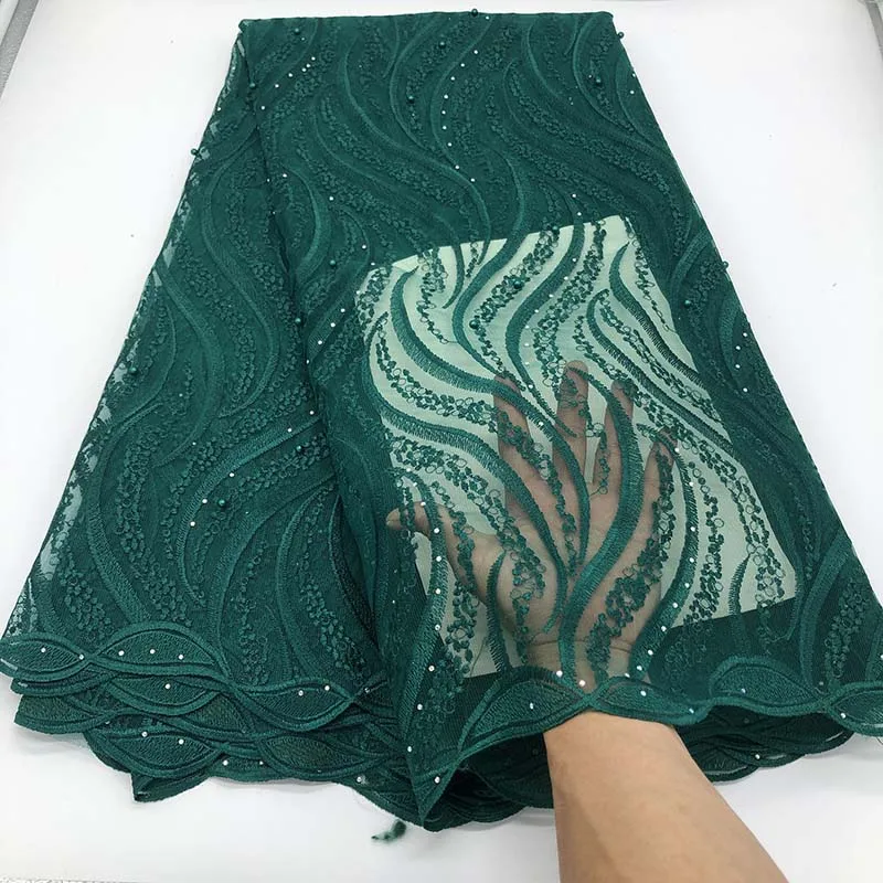 Темно-зеленого цвета в африканском стиле кружевная ткань Высокое качество французская сетчатая вышивка Тюлевое кружево, нигерийское камни из бисера/ткань для Свадебная вечеринка платье