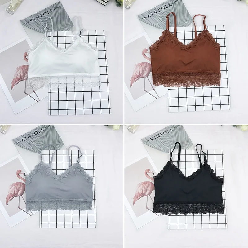 Women Versatile Ice Silk Ribbed Lace Sling Beauty Back Off Shoulder Student Wrapped Chest Strap Vest Tube Top Black Gray Khaki