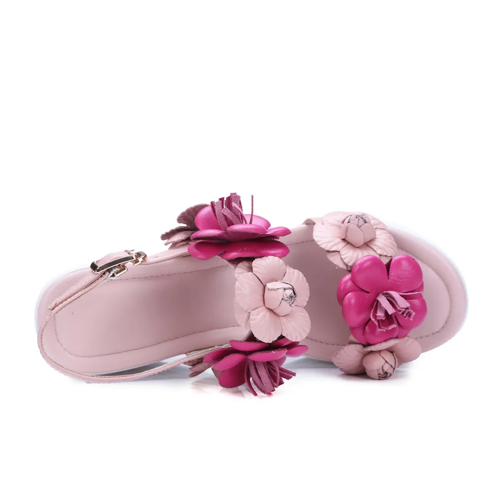 Bianchi Della Delle Dolci Estate Rosa Genuino Rosa I bianco Pattini Di Sandali Colore Piattaforma Scarpe Fibbia Fiori Asumer Modo Donna La Signore Incunea Per Cuoio 0nEv06F