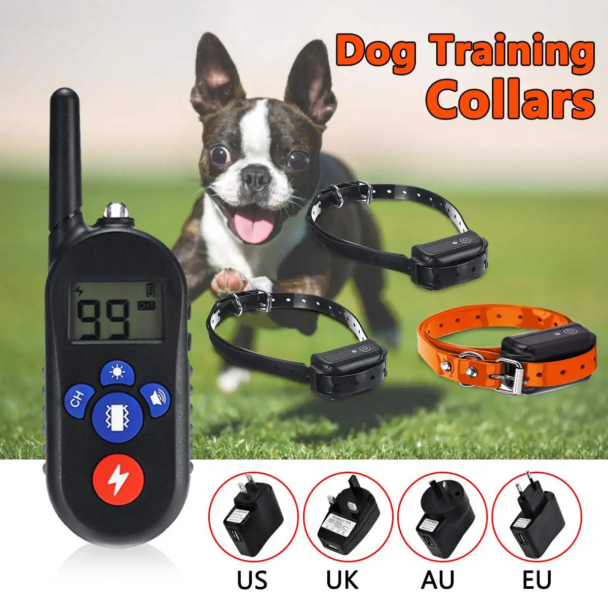 

4Plug Type For 1/2/3 Dogs Rechargeable IPX7 Waterproof Electronic Dog Training Collars Stop Barking LCD Display Shock TUP Strap