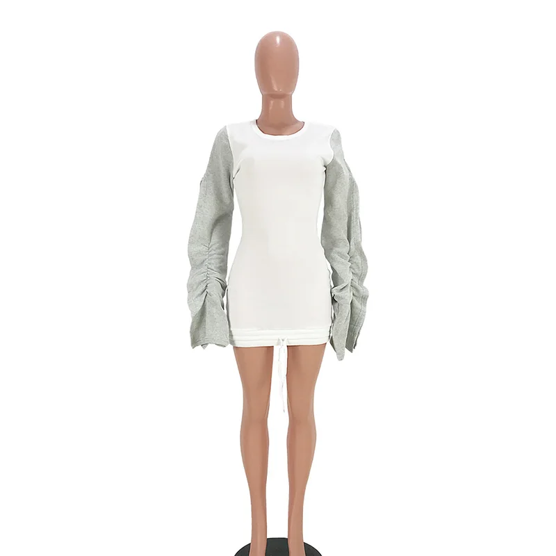 Skup Aksamitna długi rękaw bufka grzyb dzianiny jesień zima sukienka kobiety O szyi dorywczo elastyczny gorset ciepły sweter Tshirt Mini sukienka