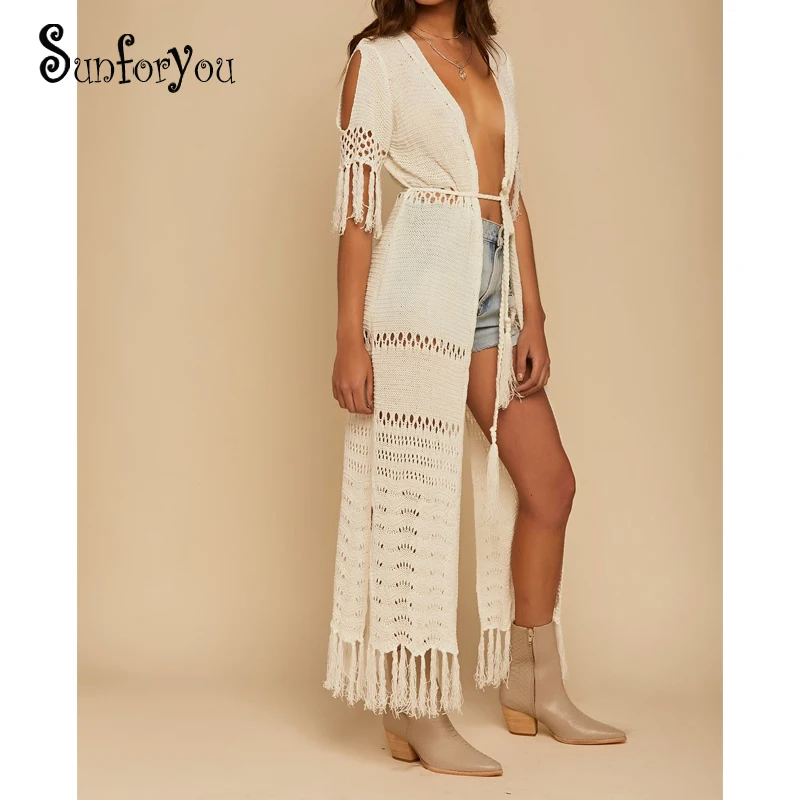 

Knit Long Beach Cover up Beach Kaftan Tunics for Beach Swimsuit cover up Robe Plage Tassel Bathing suit Women Crochet cover Up