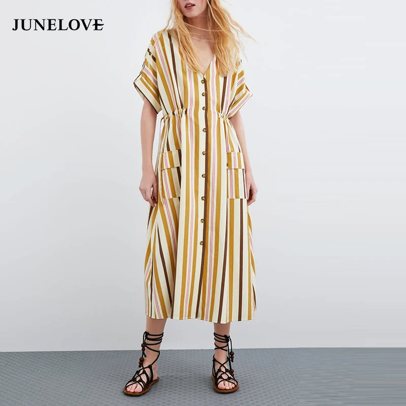 Женское платье макси с коротким рукавом JuneLove винтажное свободное в полоску