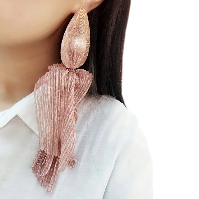 Pink Earring UKEN, кружевные длинные серьги с искусственным жемчугом, массивные серьги с кристаллами и бусинами, свадебные ювелирные изделия, очаровательные серьги, большая - Окраска металла: Pink Earring