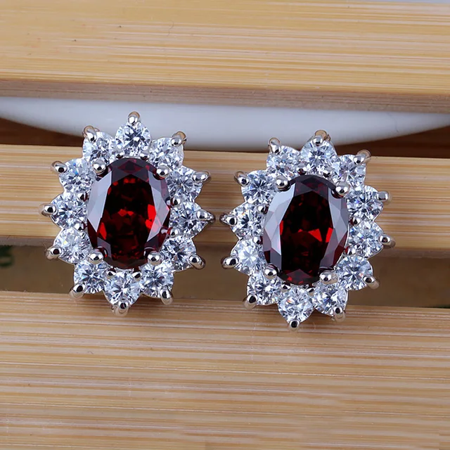 Fashion Party Costume Jewelry White Gold Color Aaa Red Stone Clear Fashion Party Costume Jewelry White Gold Color Aaa Red Stone Clear Crystal Paved Piercing Stud Earrings