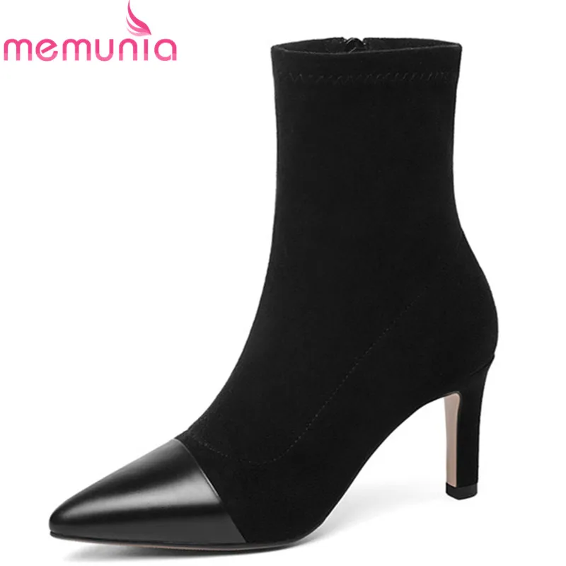 

MEMUNIA 2020 top quality genuine leather ankle boots women pointed toe autumn winter boots high heels Stretch socks boots shoes