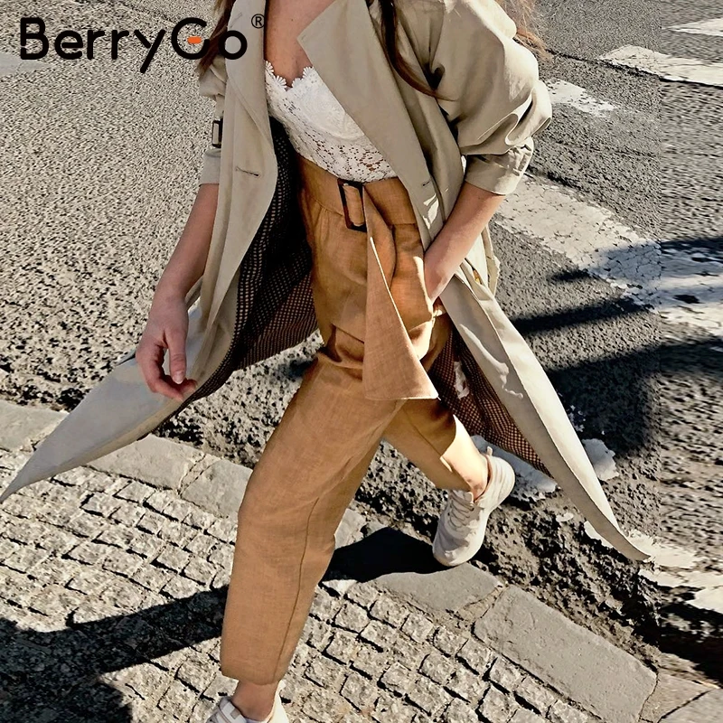 

BerryGo Casual button sash women pants khaki Elegant Office ladies mid waist female pencil pants Vintage harajuku trousers pants