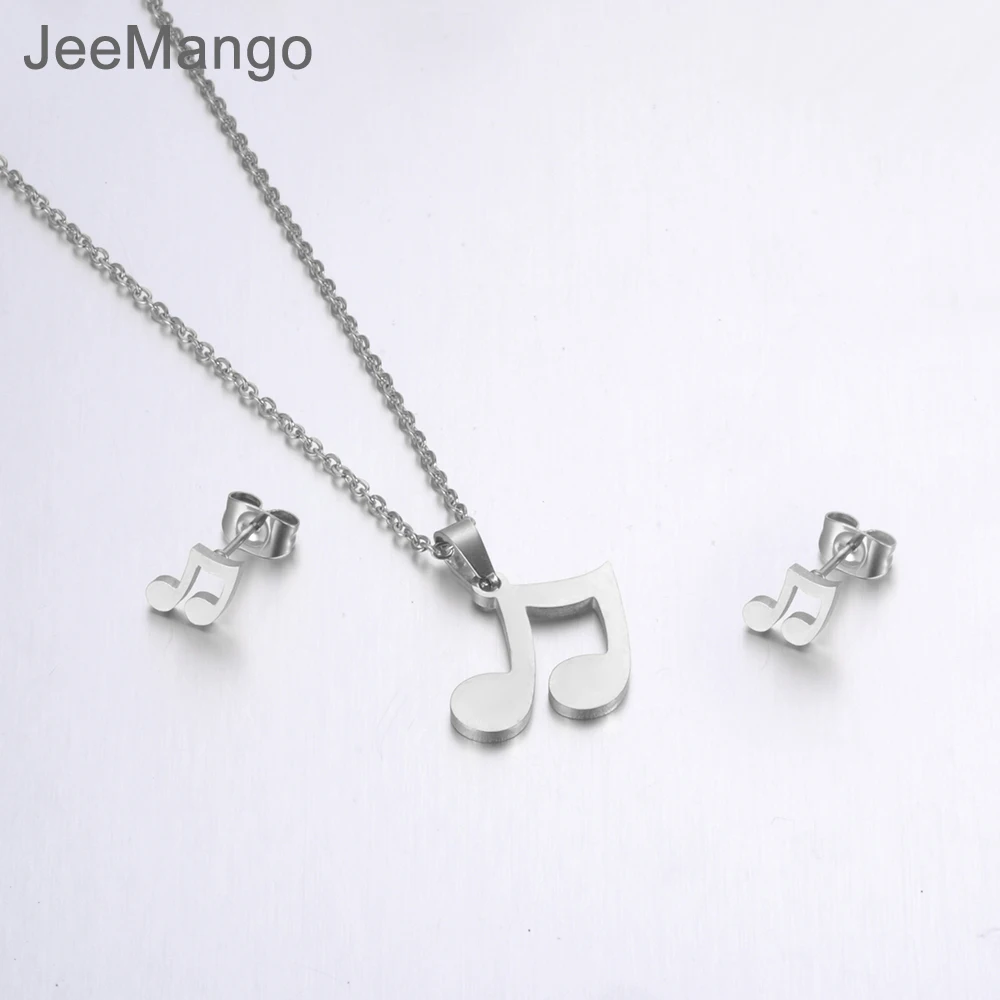 

JeeMango Fashion Stainless Steel Sets For Women Steel Color Musical Notes Shape Necklace Earrings For Lover's Engagement Jewelry