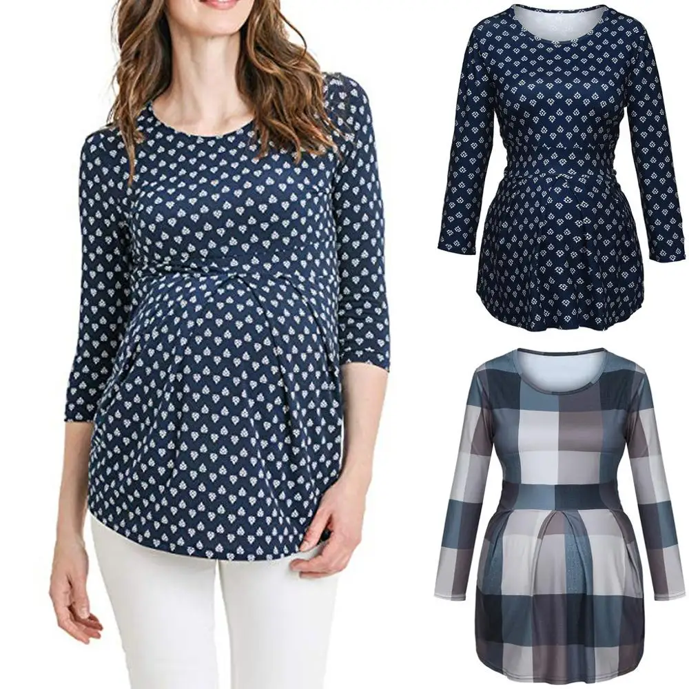 

Women's Round Neck 3/4 Sleeve Front Pleat Peplum Maternity Top Women Maternity Front Pleated Floral Pattern T-Shirt Tops