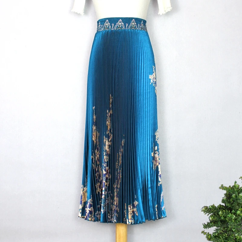 

2019 women's spring and summer glossy print pleated skirt large size high waist temperament was thin and large pleated skirt