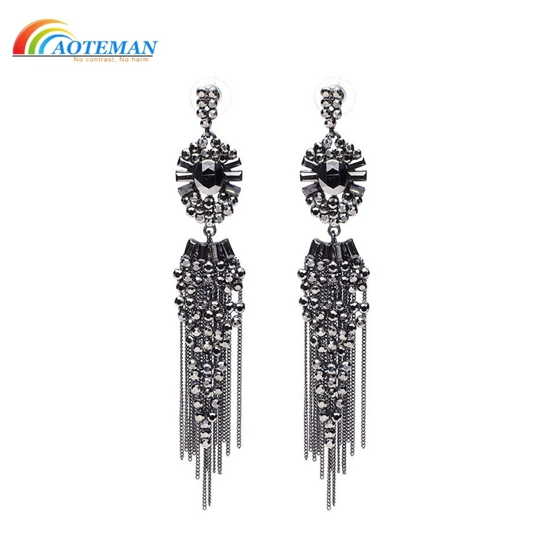 

AOTEMAN Earrings For Women New Black Long Crystal Tassel Dangle Earrings For Women Bar Wedding Drop Earing Fashion Jewelry