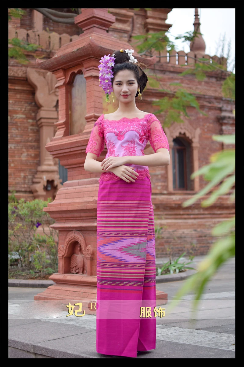 Вьетнам Бирма Лаос дай одежда для женщин короткий рукав топ + юбка Синий Розовый Красный фестивали наряд Мода воды спринклерной фестиваль