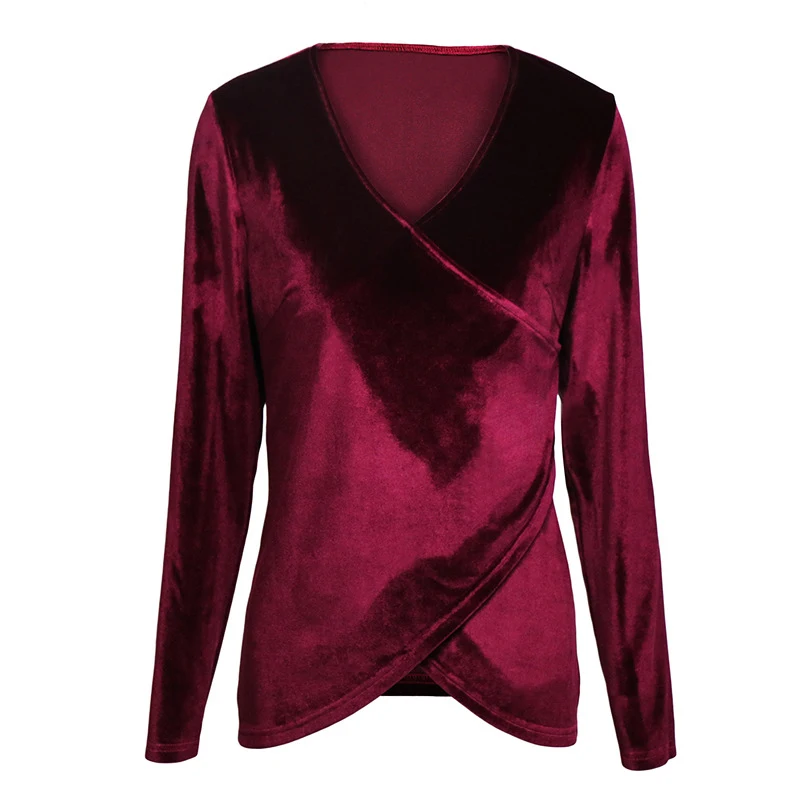 Velvet Blouse 2017 Women V Neck Long Sleeve Burgundy Blusas Elegent Top Asymmetric Sexy Shirts Ladies Cropped Blusa Work Blouses