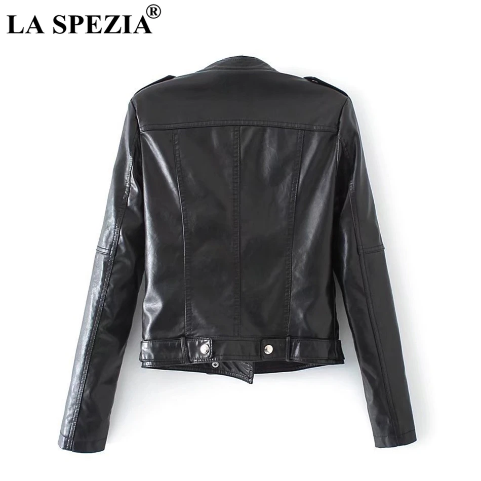 LA SPEZIA Biker Jacket Women Red Artificial Leather Jackets Ladies Belt Rivet Slim Fit Motorcycle Solid Punk Autumn Zipper Coats