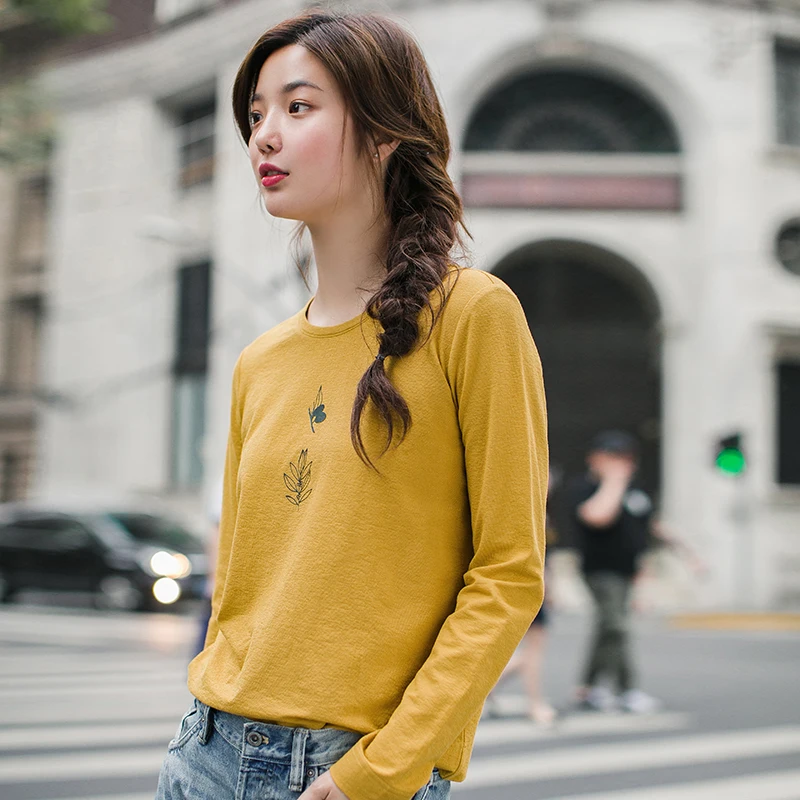 INMAN Autumn Winter Female Tee Slim Fit Shirt Print Embroidery Casual Wild Printing Long Sleeve Women Basic Femme T-shirt