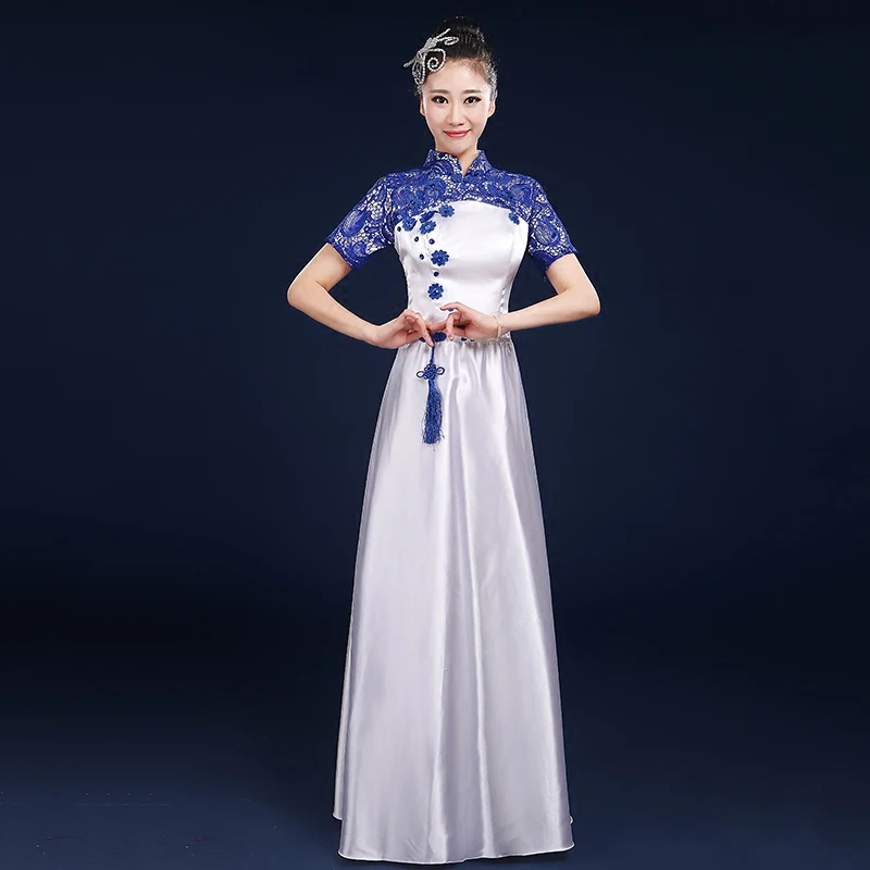 

2019 Blue and White Porcelain Chorus Dress Long Skirt Female New Adult Chinese Style Chorus Costume Middle-aged Guzheng Costume