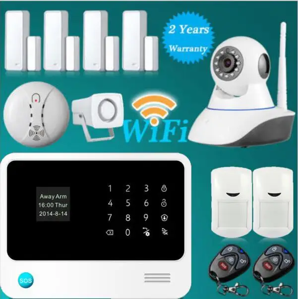 433 МГц Wi-Fi GSM GPRS смс, беспроводной домашней охранной сигнализации Системы с 2MP HD WiFi IP Камера Беспроводной детектор дыма