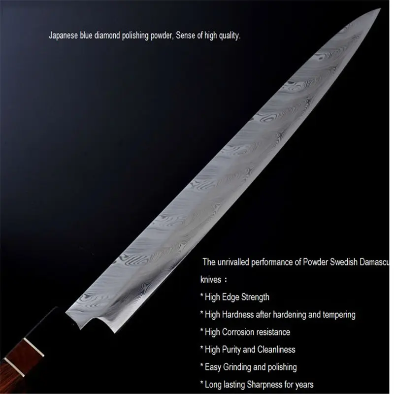 30cm Top Swedish Powder Sushi Sashimi Knife Salmon Fish Fillet knife Japanese Sakai Damascus RWL34 Rattan handle kitchen knife 1