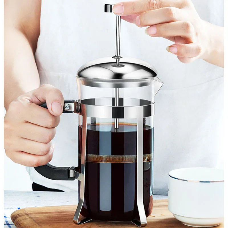French Press, Stainless Steel + Borosilicate French Press Coffee Pot
