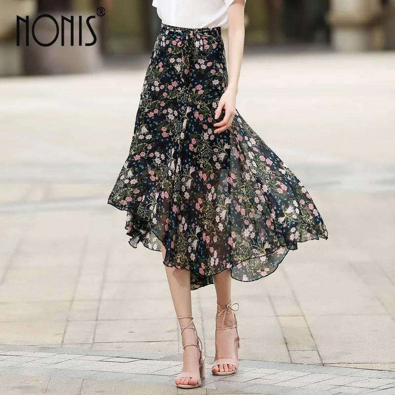 Nonis Elegant Fancy Flower Print Skirt Women Elastic high Waist