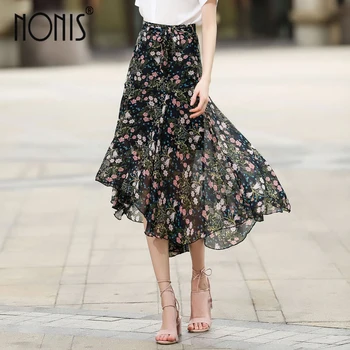 

Nonis Elegant Fancy Flower Print Skirt Women Elastic high Waist irregular Chiffon Skirt summer ladies Vestidos