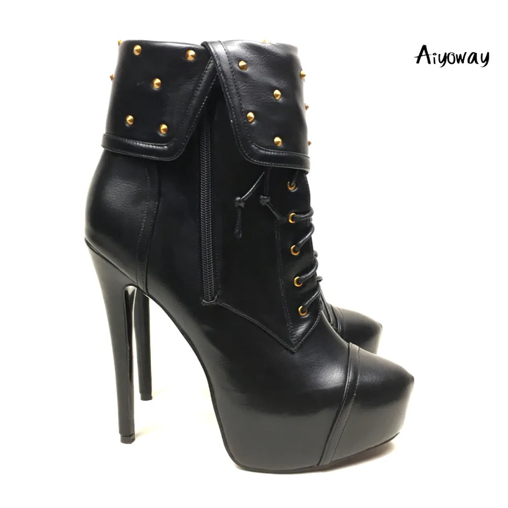 

Aiyoway Classic Women Ladies Pointed Toe Platform High Heel Ankle Boots Lace Up Side Zip Studs Decorated Autumn Winter Booties