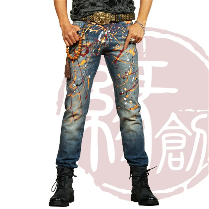 

2017 new European fashion ink mens jeans personality retro men's feet pants baggy jeans brand