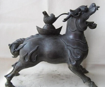

0 China Pure Copper Bronze Foo Dog kylin with Bird incense burner Censer Statue