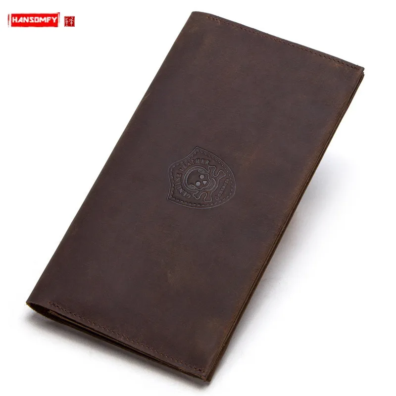

New Retro crazy horse leather long men's wallet genuine leather two fold clutch bag male card holder coin purses skull wallets