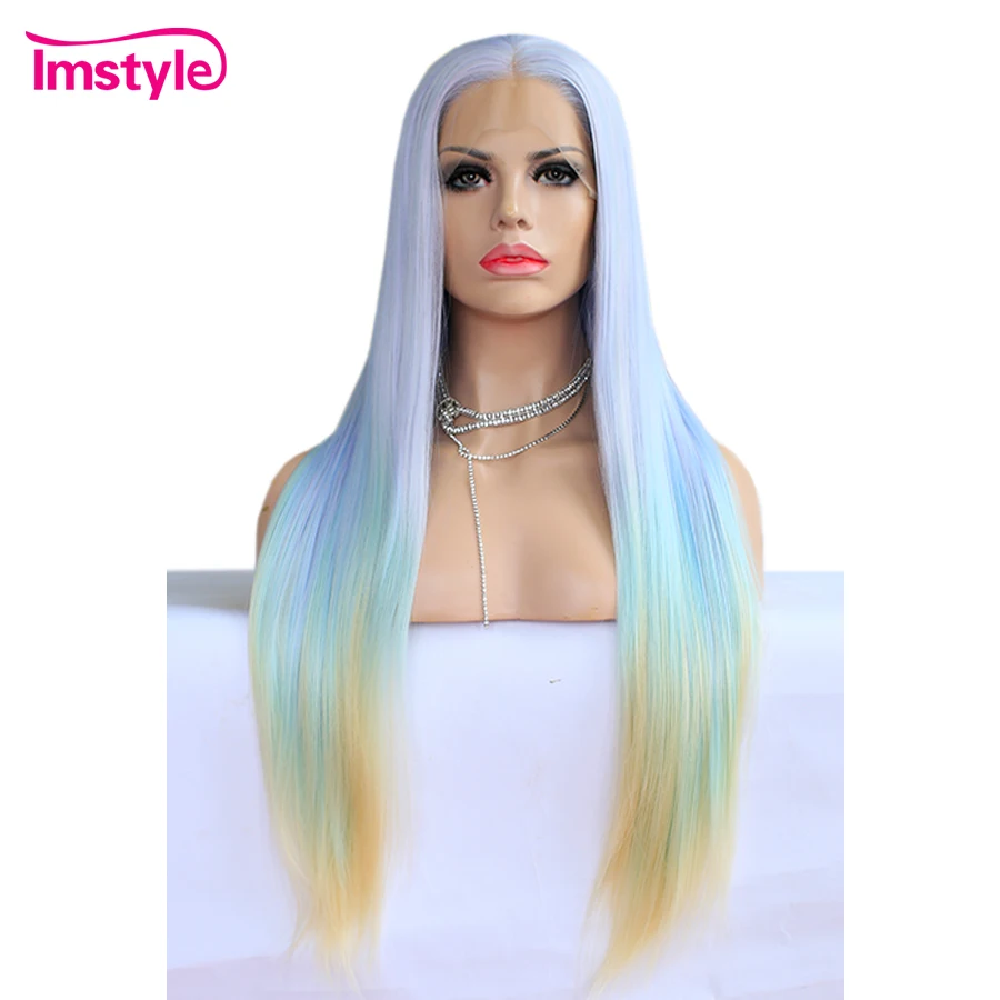 

Imstyle Ombre Wig Mixed Color Long Straight Hair Synthetic Lace Front Wig Purple Green Yellow Mix Wigs For Women 28 inch