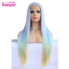 Imstyle Ombre Wig Mixed Color Long Straight Hair Synthetic Lace Front Wig Purple Green Yellow Mix Wigs For Women 28 inch