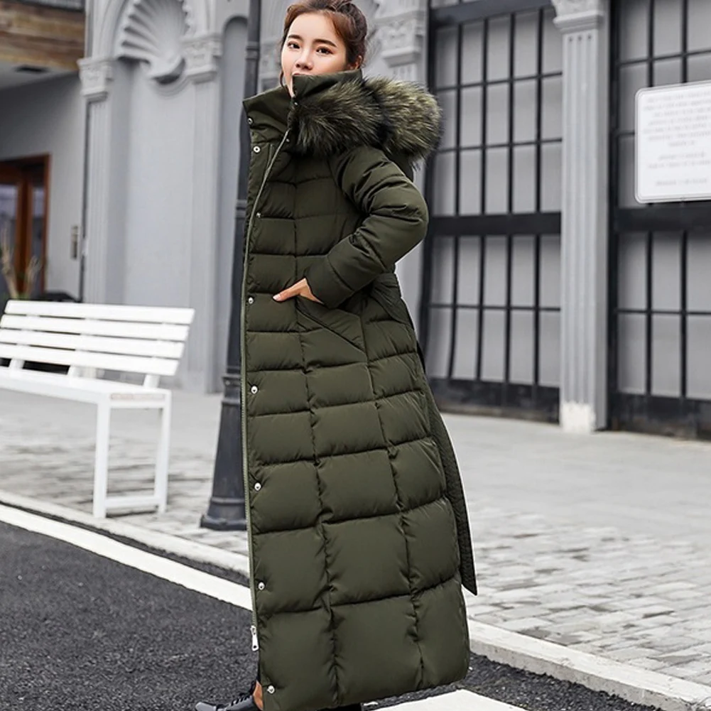 

Women Winter Casual Cotton-padded Long Jacket Thickening Hooded Down Coat Long Sleeve Warm With Hat