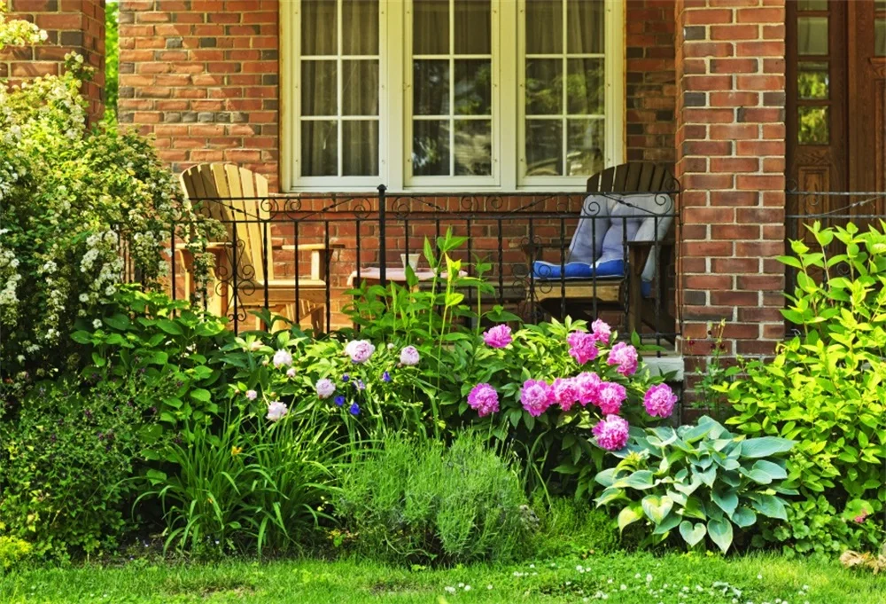 

Laeacco Brick House Exterior Chair Plants Flowers Photography Backgrounds Customized Photographic Backdrops For Photo Studio