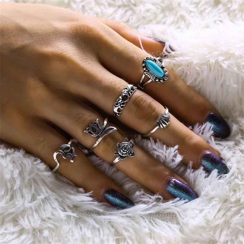 Crazy Feng 6pcs Vintage Ring Sets Antique Alloy Blue Stone Midi Finger Rings For Women Elephant Shell Pattern Knuckle Set | Украшения и