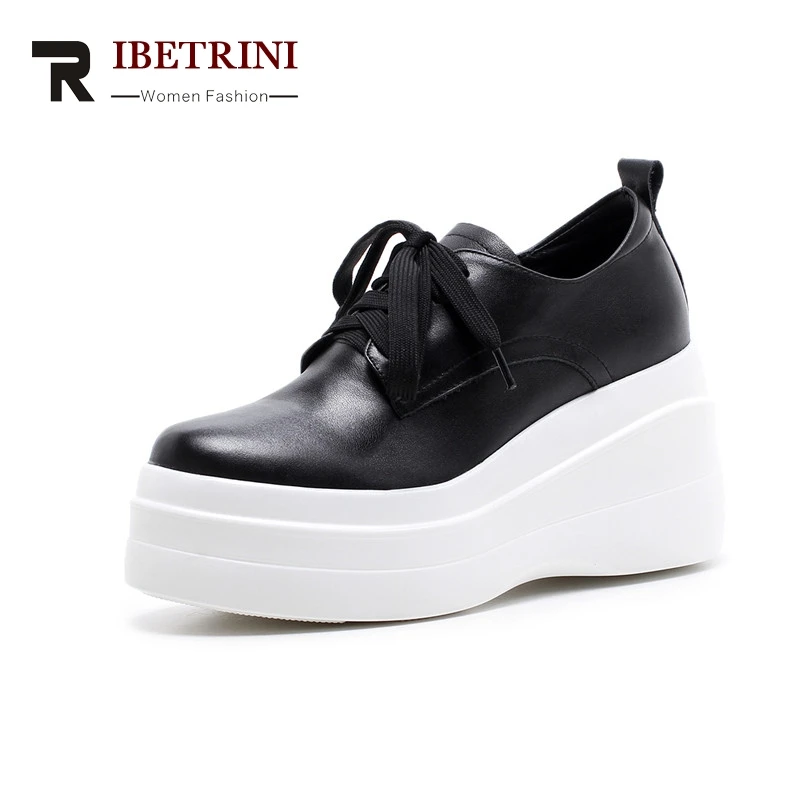 

RIBETRINI 2019 Top Quality Cow Genuine Leather Lace Up Flats Wedges Platform Women Solid Soft Leisure School Shoes Woman