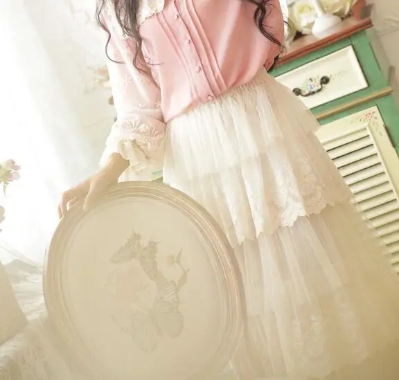 Mori Girl Милая Кружевная многослойная шифоновая юбка лолита сказочная принцесса длинная кружевная готическая юбка женская одежда юбки Saia - Цвет: white