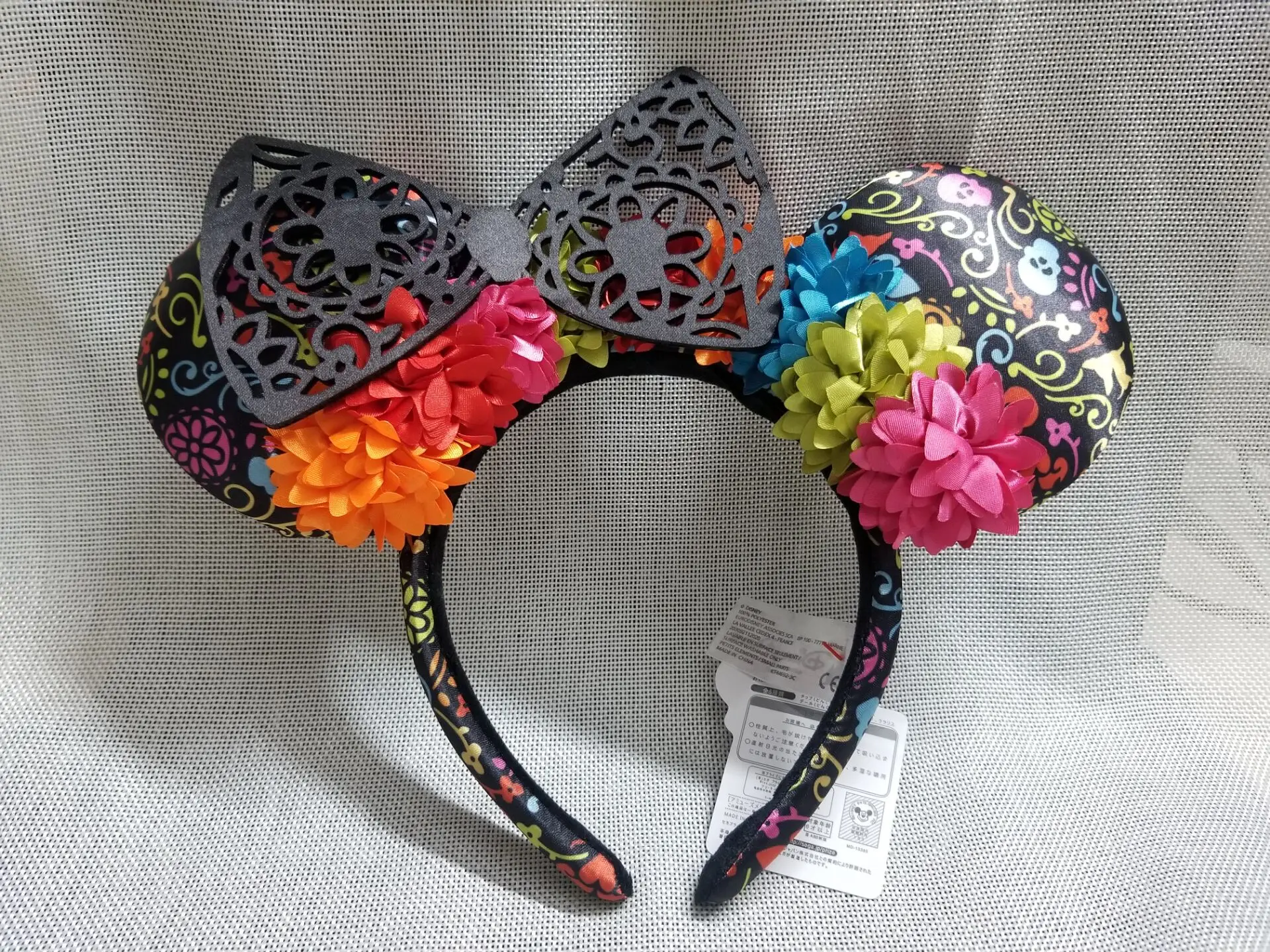 New Black Floral Lace Coco Dia de Los Muertos Minnie Ears Plush Headband