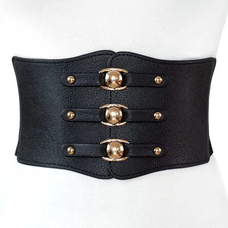 

Fashion women wide Belt new brand design metal buckle women elastic waistband cintos female leather rivet ultra wide belt
