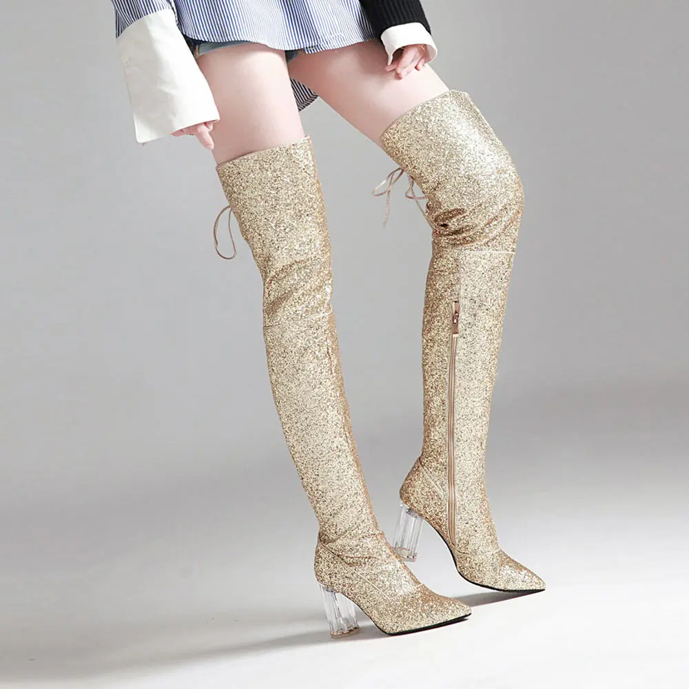 Lasyarrow/Брендовая обувь; женские пикантные ботфорты на шнуровке; высокие сапоги до бедра на высоком каблуке с острым носком; цвет золотой, серебряный; высокие сапоги с украшениями