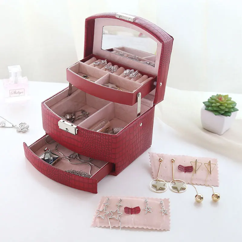 

3 Layer Portable Jewelry Storage Box Organizer Travel Storage Case Display Holder With Mirror For Earrings Necklaces