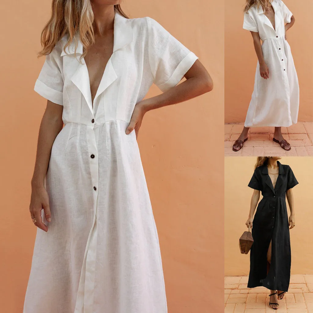 

fashion Women cool Slim Summer Cotton Lapel Botton Temperament Lazy Beach Maxi Dress 2PCS set free shiping