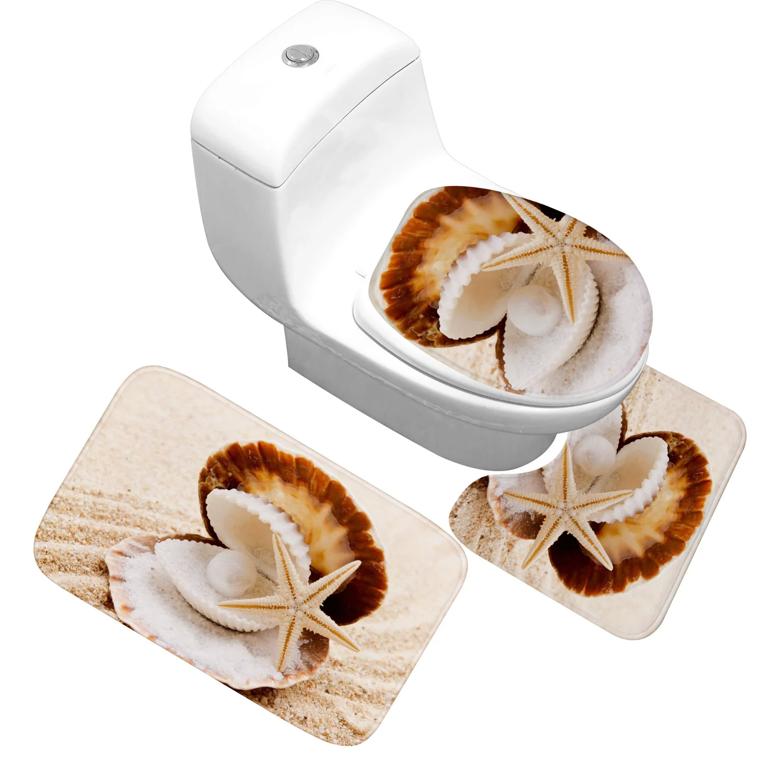

Starfish Shell Bath Mat 3 Pieces / Set Flannel Non-slip Absorbent Bathroom Door Mat Bath Rug Toilet Cover Bathroom Decoration