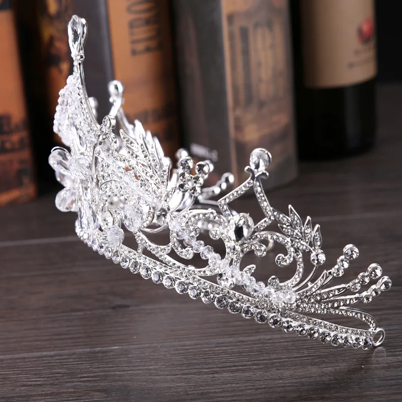 Comprar Corona de novia de hoja de cristal de Europa de lujo tocado de cristal de diamantes de imitación de novia Tiaras de novia accesorios para el cabello de la corona de la boda BH