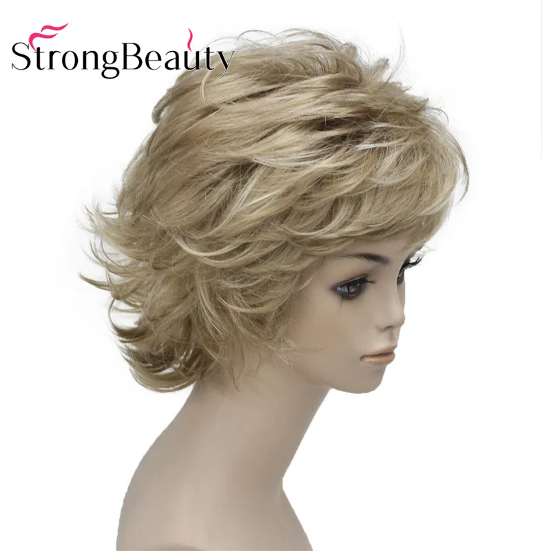 StrongBeauty 짧은 합성 가발 금발 자연스러운 웨이브 플러피 레이어드 컷 가발(뱅 포함)