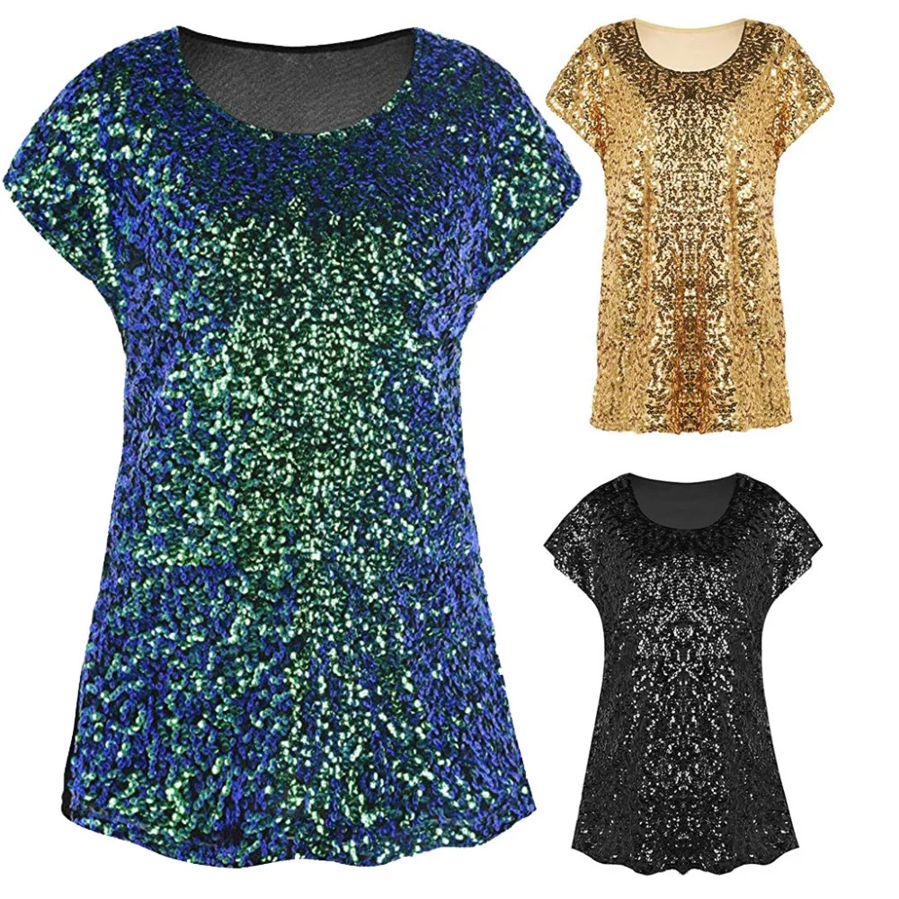 Hot Sale Women's Sequin Top Shimmer Glitter Bling Loose Bat Sleeve