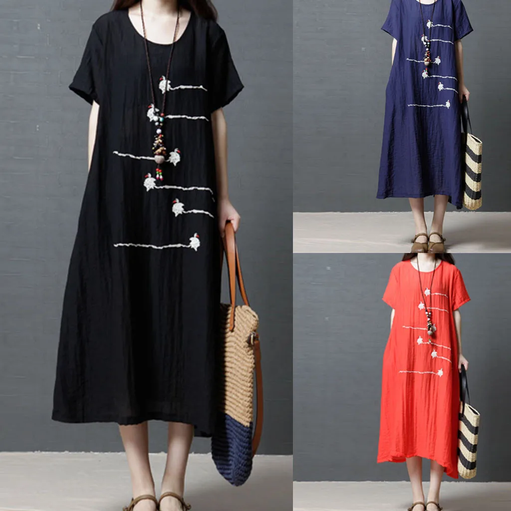 

Women Dresses Plus Size O-Neck Short Sleeve Cotton And Linen Loose Printing Womens Dress #30