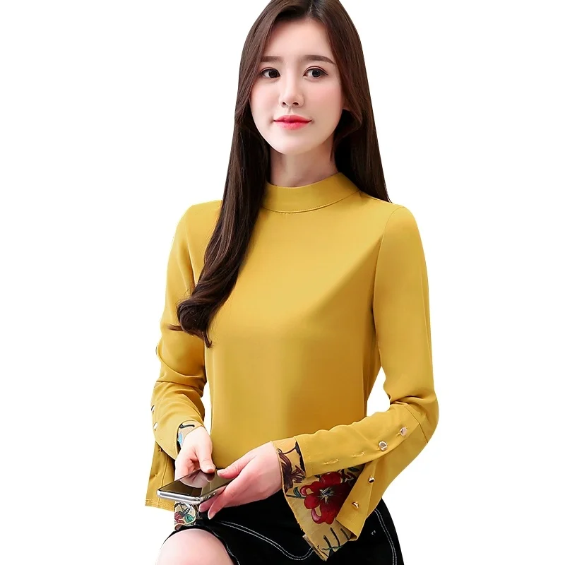 

Women's Shirt Long Sleeved Round Neck Chiffon Blouse Trumpet Sleeves Bottoming Shirt Slim Blusas 2019