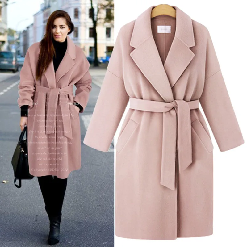Новые осенне-зимние женские пальто Vestidos свободного кроя размера плюс с отложным поясом, шерстяное пальто для женщин, большая верхняя одежда - Цвет: pink